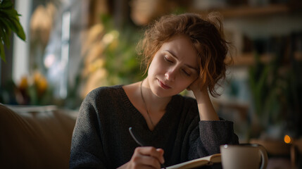 Young woman writing in notebook while sitting indoors at home  