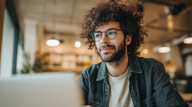 Young man with curly hair working on laptop in modern cafe  