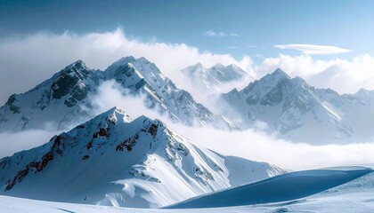 A breathtaking panoramic view of rugged, snow-covered mountain peaks piercing through soft, white clouds against a clear blue sky.