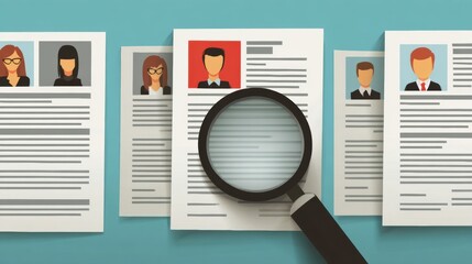 Visual Guide to the Hiring Process Featuring Resumes, Avatars, and a Magnifying Glass for Candidate Selection