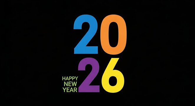 Bold colorful graphic design featuring the year 2026 in large distinct numbers with a small happy new year text in the corner on a black background perfect for festive celebrations and event promotion