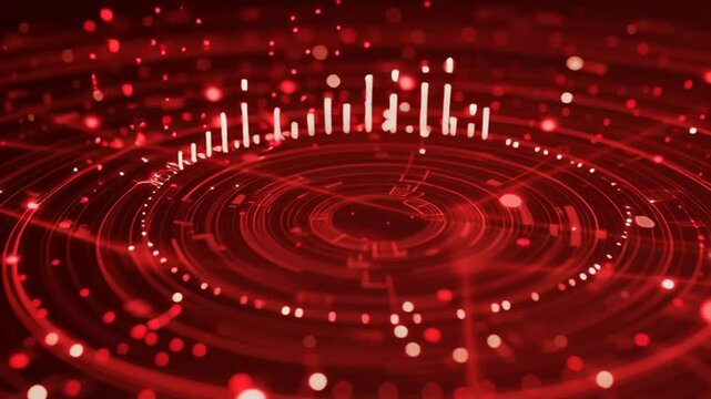 Abstract red technology background with circles and equalizer bars.