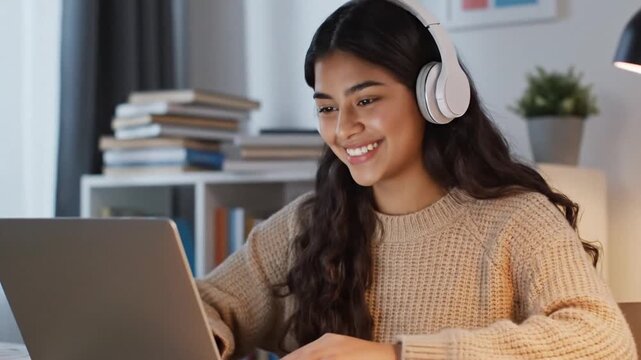 3230155 425 hispanic teen girl latin young woman school college student wear headphones learn watching online webinar webcast class looking at laptop elearning distance course or video call 97496555 1