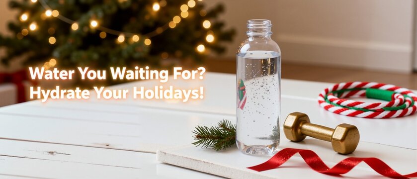 Holiday fitness concept with a water bottle and dumbbell on a white table. Christmas background promoting hydration and a healthy lifestyle. Wellness banner with copy space. - Powered by Adobe
