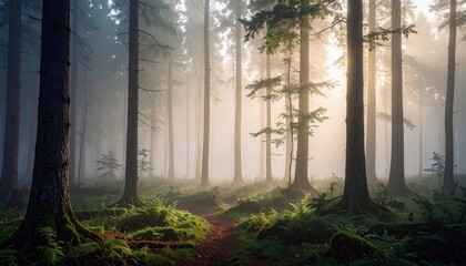 A serene forest scene with tall trees, mist, and sunlight creating a peaceful atmosphere.