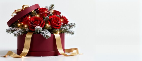 Red roses and fir branches in a festive Christmas gift box. Winter holiday flower arrangement with snow and glowing lights. Holiday banner with copy space