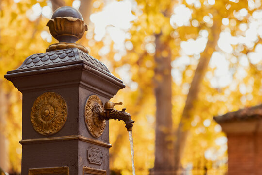 Close-up of ornate rusted iron water fountain