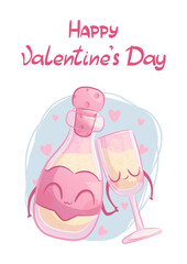 A design template for Valentine's Day greeting cards.A nice bottle and a glass of champagne. A smiling character. Vector illustration for the design of postcards, cards, invitations, posters, banners