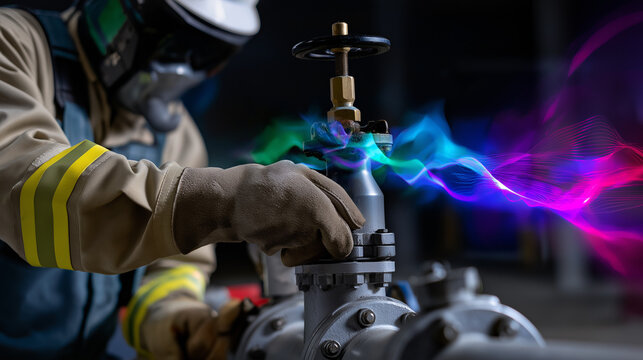 Partial view of a worker’s torso adjusting a valve, head out of frame, holographic pressure data creating colorful glows, with copy space