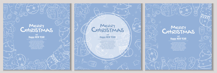 A set of delicate backgrounds for an invitation or greeting card for Christmas and new year. Freehand drawing, doodles, line drawing. Vector illustration for the design of postcards, banners, posters