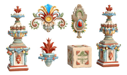 Colorful Ornamental Mini Artifacts for Festive Kingdom Decor on Transparent Background