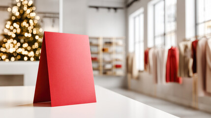 Red greeting card stands on a table in a stylish boutique, with a decorated Christmas tree and clothing displays in the background, festive atmosphere