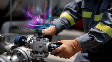 Partial view of a worker’s torso adjusting a valve, head out of frame, holographic pressure data creating colorful glows, with copy space