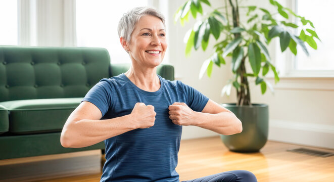 Senior woman practicing mindfulness and wellness exercises at home, seated on floor with green couch and indoor plants in a bright environment