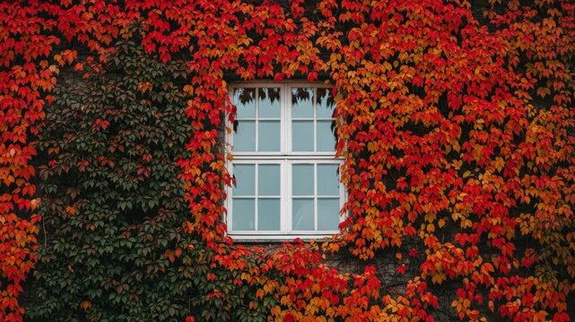 Colorful autumn ivy covering a building exterior wall. Vibrant red, orange, and green leaves surrounding classic white windows. Wide panoramic banner of seasonal change
