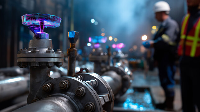 Faceless maintenance crew checking regulators, technical holograms softly glowing in the misty atmosphere, shallow focus, with copy space - Powered by Adobe