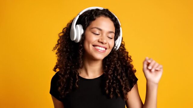 3230155 476 attractive curly woman with toothy smiles tilts head keeps hands on headset dressed in black t shirt isolated over yellow background enjoys listening music with loud sound likes 29566247 1