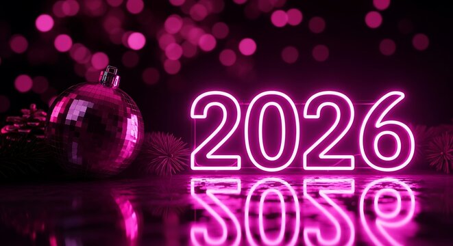 Vibrant neon pink glowing numbers 2026 reflected on a dark glossy surface with a blurred bokeh background and a festive christmas ornament creating a futuristic new year celebration atmosphere - Powered by Adobe