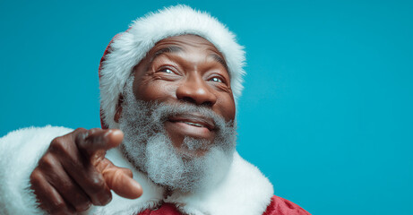 A cheerful Black Santa Claus smiling warmly while pointing forward, dressed in a classic red suit with a fluffy white trim. He has a full white beard and bright, joyful eyes. The background is a smoot