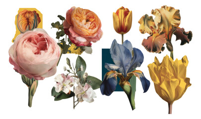 Floral Geometric Collage with Isolated Colorful Flower Elements on Transparent Background