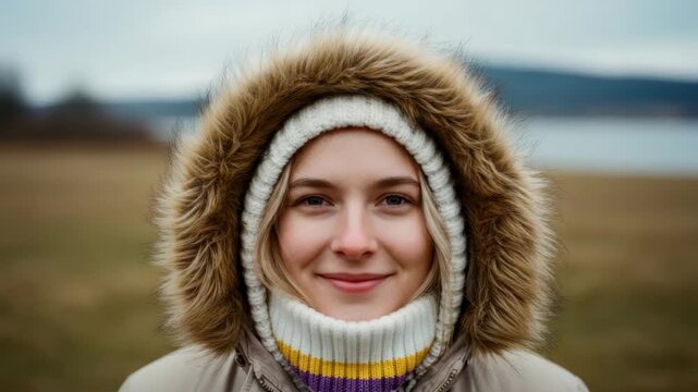 Happy young caucasian woman in a winter parka with a fur hood smiling at the camera outdoors. A sequence of frames creating a zoom effect for a personal and intimate connection