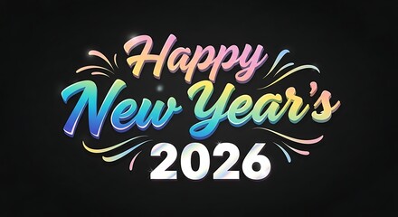 Vibrant and festive happy new year 2026 text with colorful gradient lettering and sparkling celebratory fireworks against a dark background
