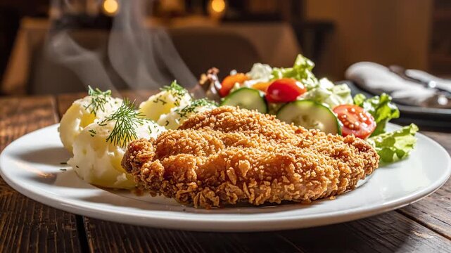 3230155 495 fried chicken fillet boiled potatoes and vegetable salad no logos no brands ar 169 31491246 1