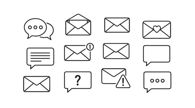 Collection of hand drawn communication icons including envelopes messages and speech bubbles silhouette