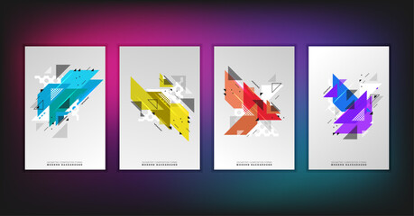 Abstract geometric composition forms modern background with decorative triangles and patterns backdrop vector illustration set