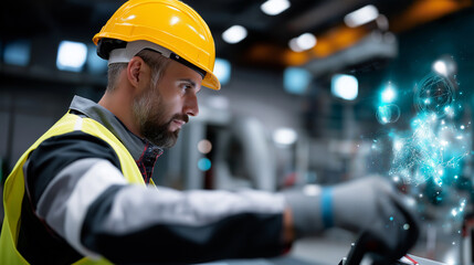 Worker viewed from the side with the face cropped, checking equipment, holographic metrics shimmering in controlled soft focus, with copy space