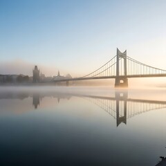 Obraz premium A serene early morning view of a large suspension bridge spanning across a calm river with misty cityscape in the background and soft sunlight illuminating the scene