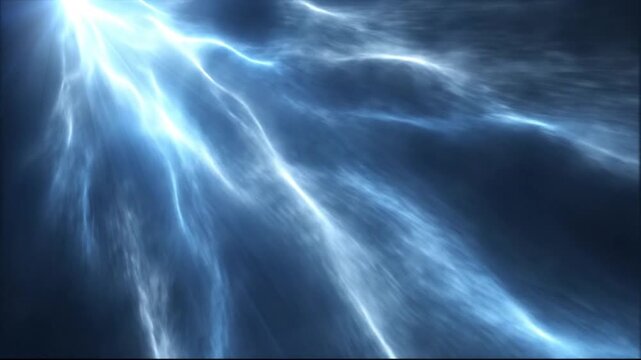 Bright branching streams of blue and white light radiate from the top left against a dark atmospheric background