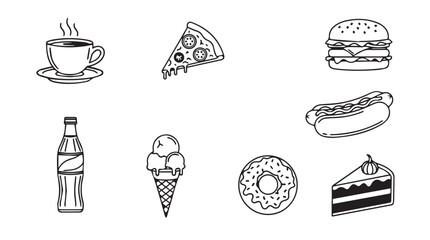 Collection of delicious fast food and drink items in a charming hand drawn sketch silhouette style