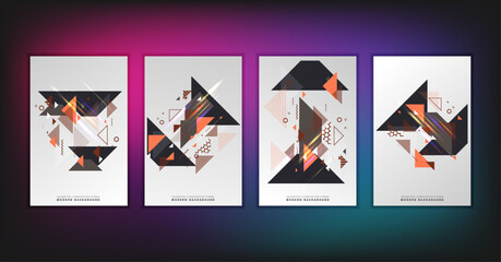 Abstract geometric composition forms modern background with decorative triangles and patterns backdrop vector illustration set