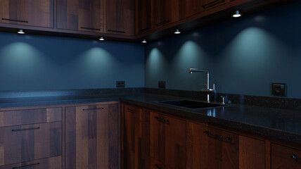 Rich wood kitchen cabinets and sleek dark countertop offer modern elegance, perfect for home remodeling and interior design projects