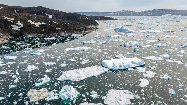 Ice floes and landscape in Davis Strait, Greenland
