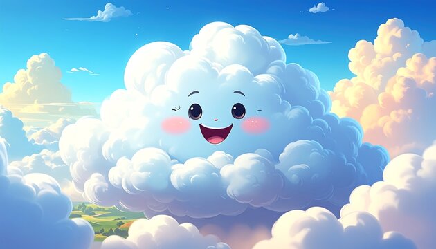 Cartoonish fluffy cloud with a smiling face against a blue sky, landscape blurred below, and puffy clouds surrounding it