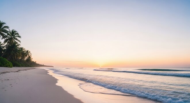 Serene tropical beach at sunrise with gentle waves washing ashore and palm trees under a pastel sky.