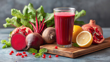 Fictional Beetroot and Pomegranate Smoothie with pomegranate seeds, beets, and lemon on a wooden board background with fresh vegetables. Feeling of freshness and vitality.