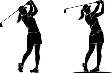 Set of female golfer silhouettes, showing woman playing golf, swinging club, and in different athletic poses, isolated on white background
