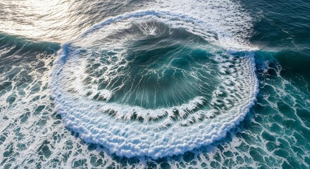 Aerial view of a powerful ocean wave creating a circular whirlpool pattern in the deep blue sea during daylight hours