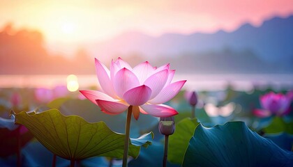 A close-up view of a pink lotus flower in full bloom, surrounded by other lotus flowers and pads on a calm lake during sunrise.