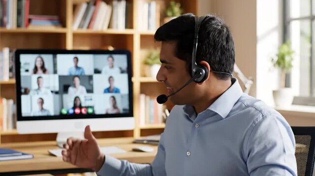 3230155 536 happy indian business man remote teacher customer support manager wearing headset talking at virtual meeting consulting client on video call giving distance learning class at ho 14839076 1 - Powered by Adobe