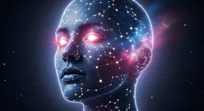 Futuristic digital representation of a human face with interconnected glowing points and lines illustrating artificial intelligence and technological advancement