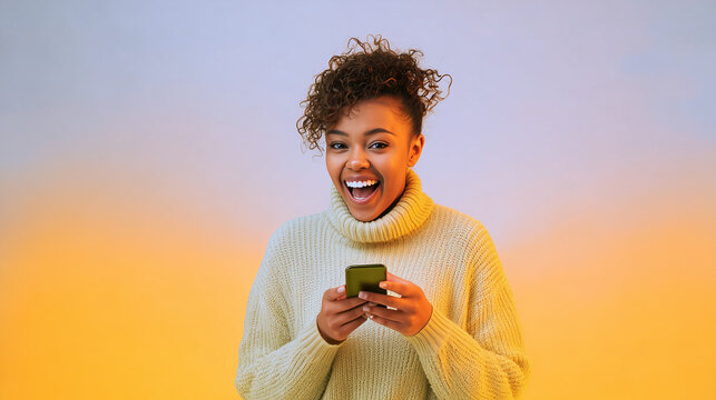 A joyful young woman with curly hair wearing a cozy cream turtleneck sweater, smiling widely while holding a smartphone. She stands against a smooth gradient background transitioning from soft lavende