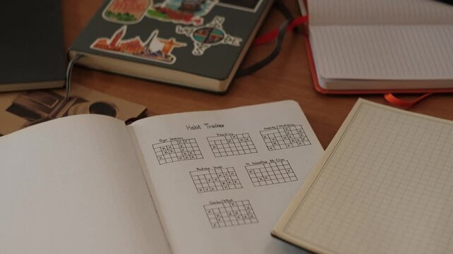 Static Close-up Shot of Open Habit Tracker Journal Surrounded by Notebooks on top of desk