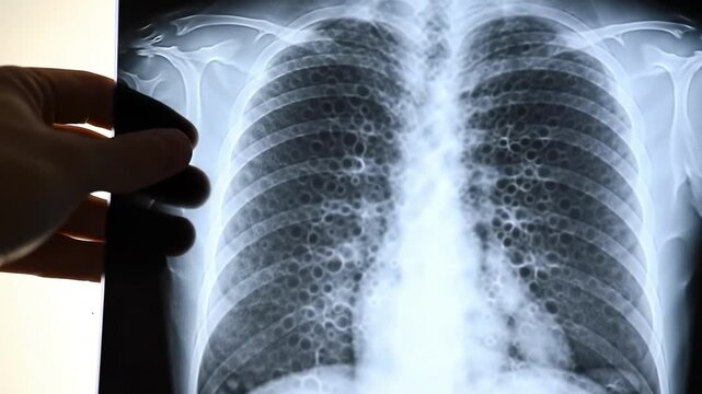 Chest xray showing lung disease with a hand holding the film
