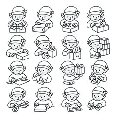 Christmas elves wrapping gifts in various festive activities