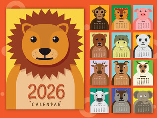 2026 Yearly Calendar Template Set with Cartoon Animal Characters in Colorful Design.