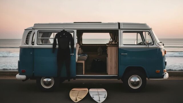 Vintage camper van parked by the ocean at sunset. A wetsuit hangs on the open door with surfboards on the ground. Evoking a serene and adventurous travel lifestyle